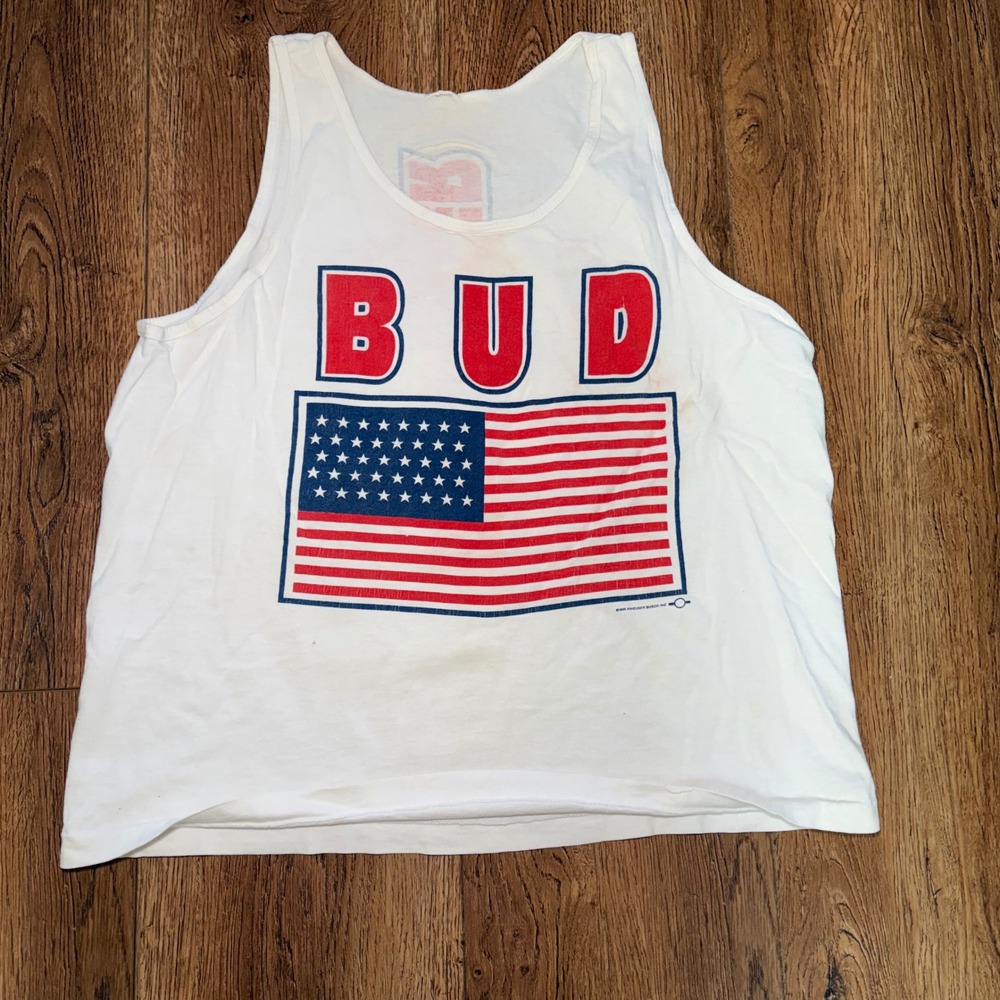 Vintage 1996 Budweiser American Flag Tank Top White Sleeveless Tee L 90s Beer
